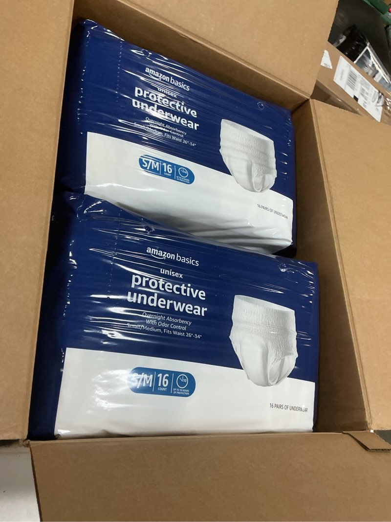 Condition photo showing New/Like New for amazon basics unisex protective underwear, overnight absorbency, small/medium, 64 count, (4 packs of 16) small/medium 64.0