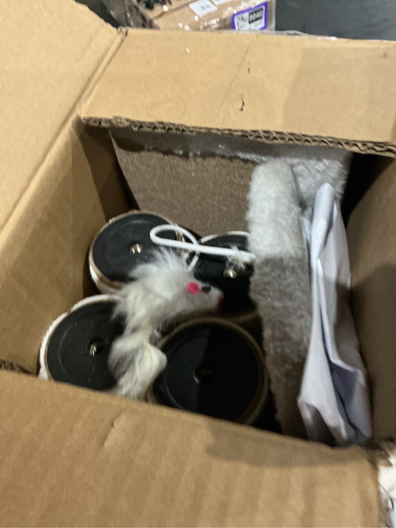 Condition photo showing As Is for 2 pack cat scratching post, 19.2in kitten scratcher post, sisal rope with hanging ball and mice for indoor kittens or smaller cats