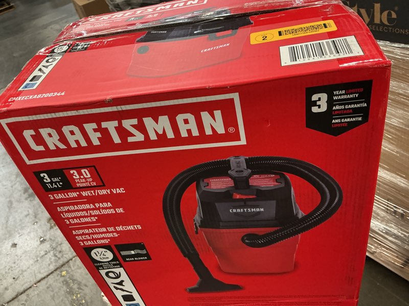 Condition photo showing As Is for craftsman 3-gallon 3 hp corded wet/dry shop vacuum with accessories included