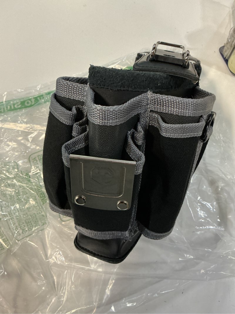 Condition photo showing Good Condition for mp2x leather backed medium-sized tool pouch, heavy duty tool organizer with 11 pockets, belt clip & d-rings, practical medium-sized tool bag for electrician, construction, worksite