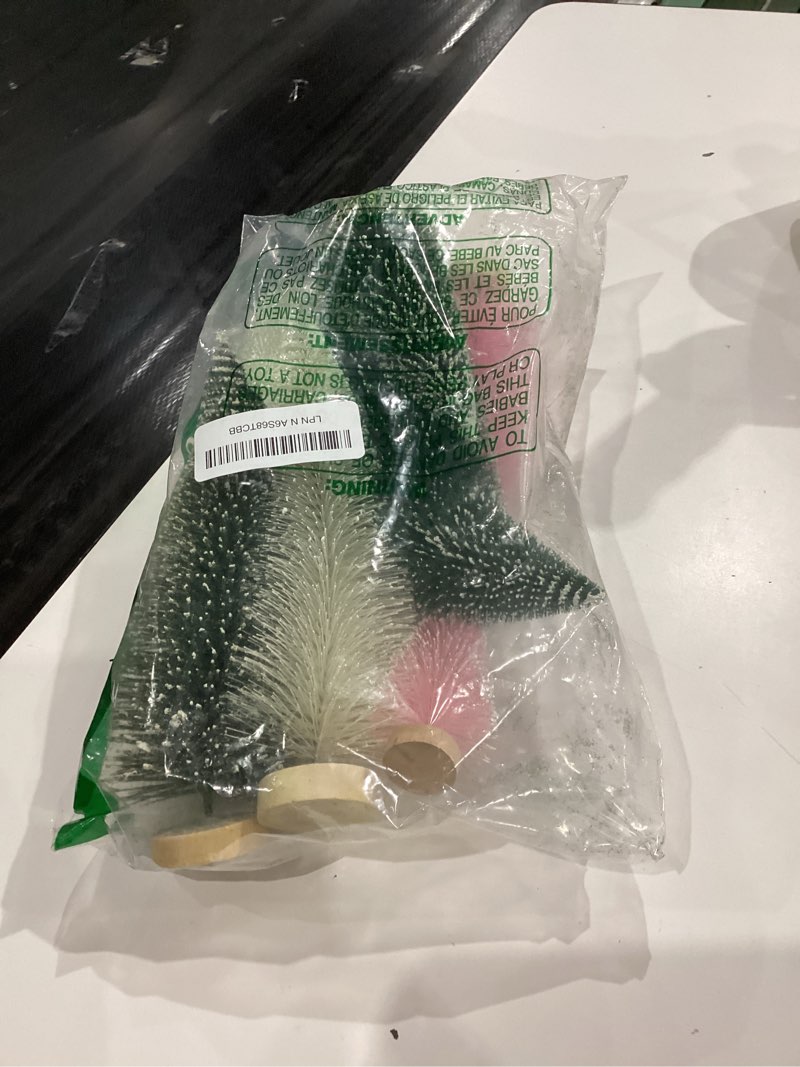 Condition photo showing As Is for 9Pcs Mini Christmas Trees Christmas Decor Artificial Christmas Decorations with 4 Sizes, Christmas Tree Bottle Brush Trees Christmas Table Decorations (Green Beige Pink)