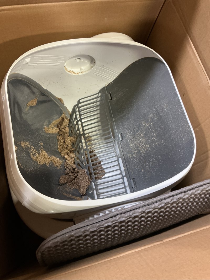 Condition photo showing As Is for automatic litter box, self cleaning litter box, odor control, 90l large capacity with app control and safety sensor, ellenpent, for multiple cats, large cat, with 3 rolls garbage bags