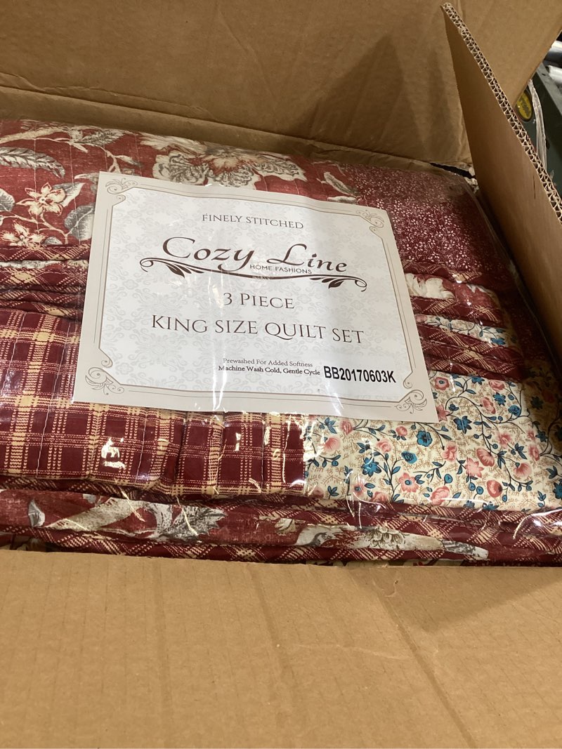 Condition photo showing Good Condition for Cozy Line Home Fashions 100% Cotton True Patchwork Reversible Red Rose Plaid Floral Quilt Bedding Set, Coverlet Bedspread (Vintage Garden, King - 3 Piece) King Vintage Garden