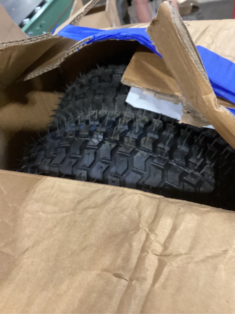 Condition photo showing As Is for ar-pro (2 pack) 13 x 5.00-6 lawn mower tire and wheel for riding mower lawn tractor, 3" centered hub and 3/4" bushings, 4-ply tubeless turf-v pattern 13 x 5.00-6" tubeless (centered hub) silver
