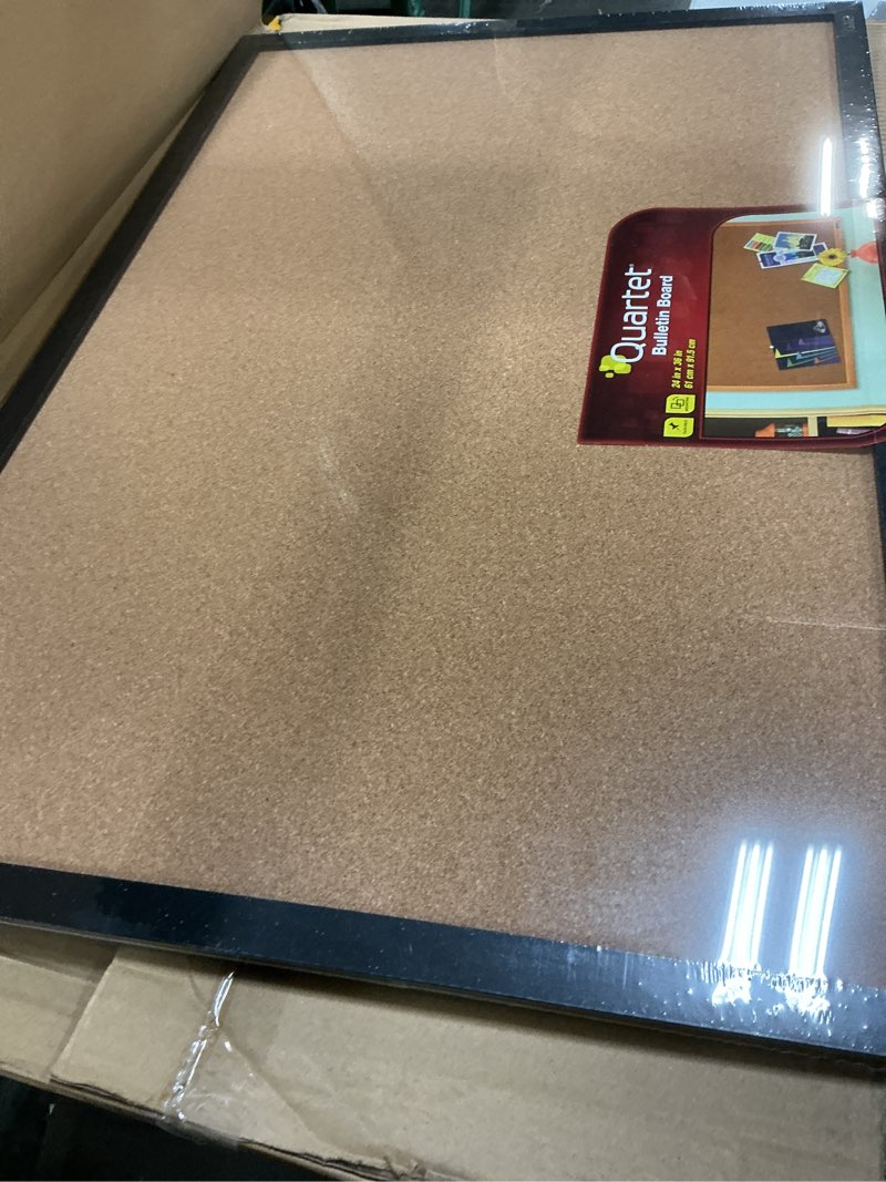 Condition photo showing New/Like New for quartet cork bulletin board, framed corkboard, 2' x 3', black frame, message board, vision board (mwdb2436-bk)