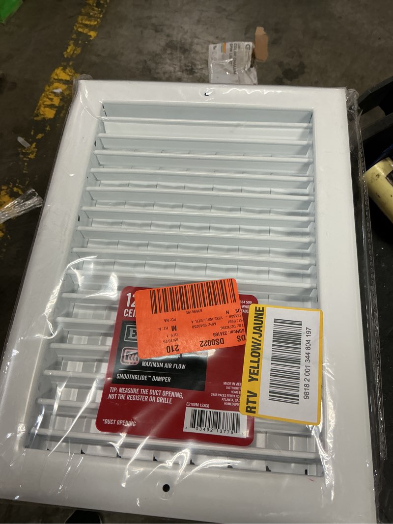 Condition photo showing New/Like New for 12 in. x 8 in. 1-way steel adjustable wall/ceiling register in white