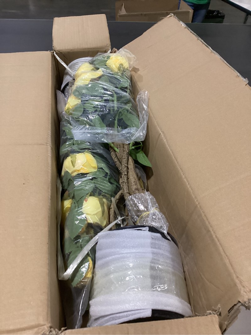 Condition photo showing New/Like New for huaesin 2 pack 47.2"/4ft artificial rose tree fake outdoor tree with 52 blooming flowers yellow tree for home front door winter christmas indoor decor (including dried moss)