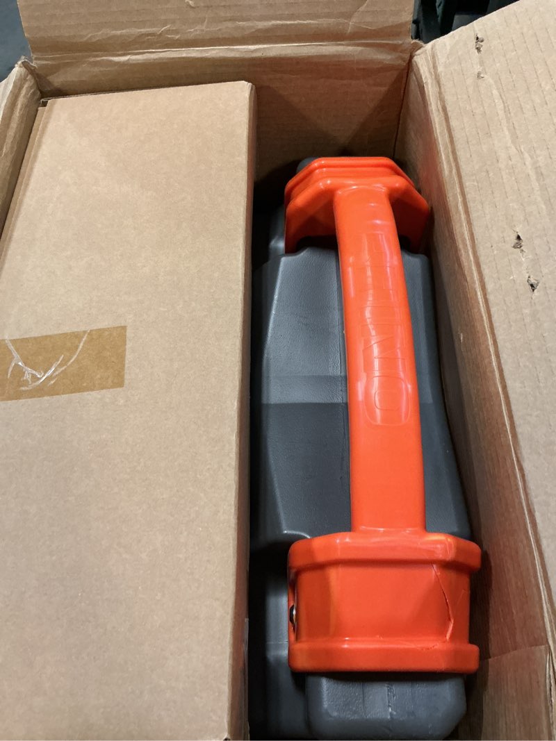 Condition photo showing As Is for camco rhino 15-gallon portable rv tote tank - features large heavy-duty no-flat wheels & low drain hole - includes removable steel tow adapter, 3’ sewer hose & more rv accessories (39000) 15 gallon heavy duty (2 wheel)
