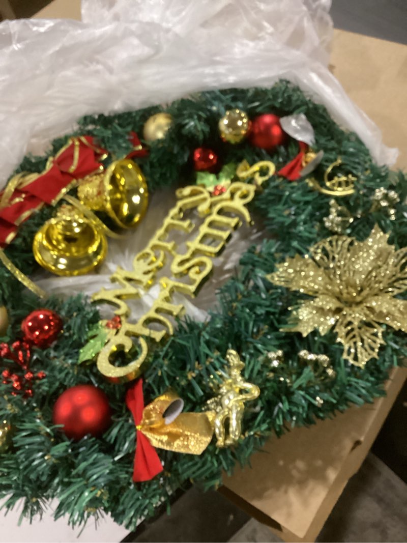 Condition photo showing As Is for Fylsyd Christmas Wreaths for Front Door, Artificial Christmas Wreath with Bow, Bells, Berries, Gold Flowers and Holiday Decor Sign, Winter Wreaths for Fireplace, Windows, Wall Decor(20 Inches)