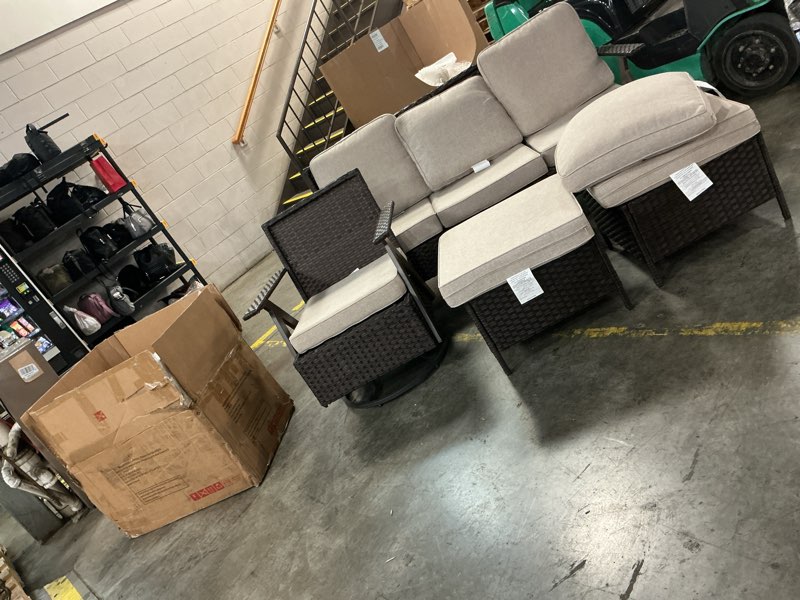 Condition photo showing As Is for (incomplete) 6-piece brown rattan outdoor wicker patio conversation set with beige cushions