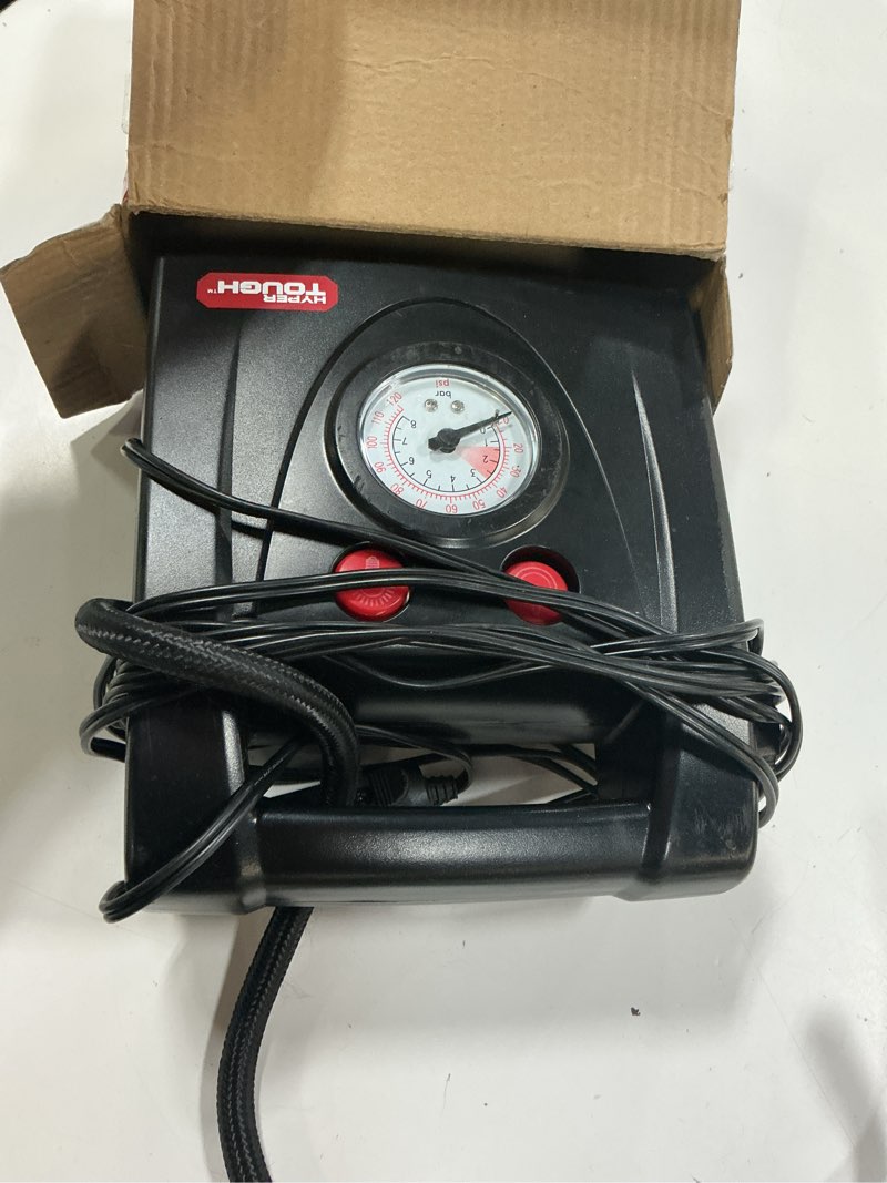 Condition photo showing As Is for hyper tough dc12v standard tire inflator & tire pump