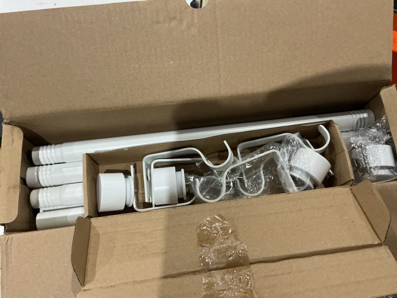 Condition photo showing As Is for modern white curtain rods 2 pack for windows 48 to 84 inch, 1" diameter adjustable heavy duty window curtain pole with matte white end cap finials, decorative drapery rods for living room, bedroom white 36''-88'' (2 pack)