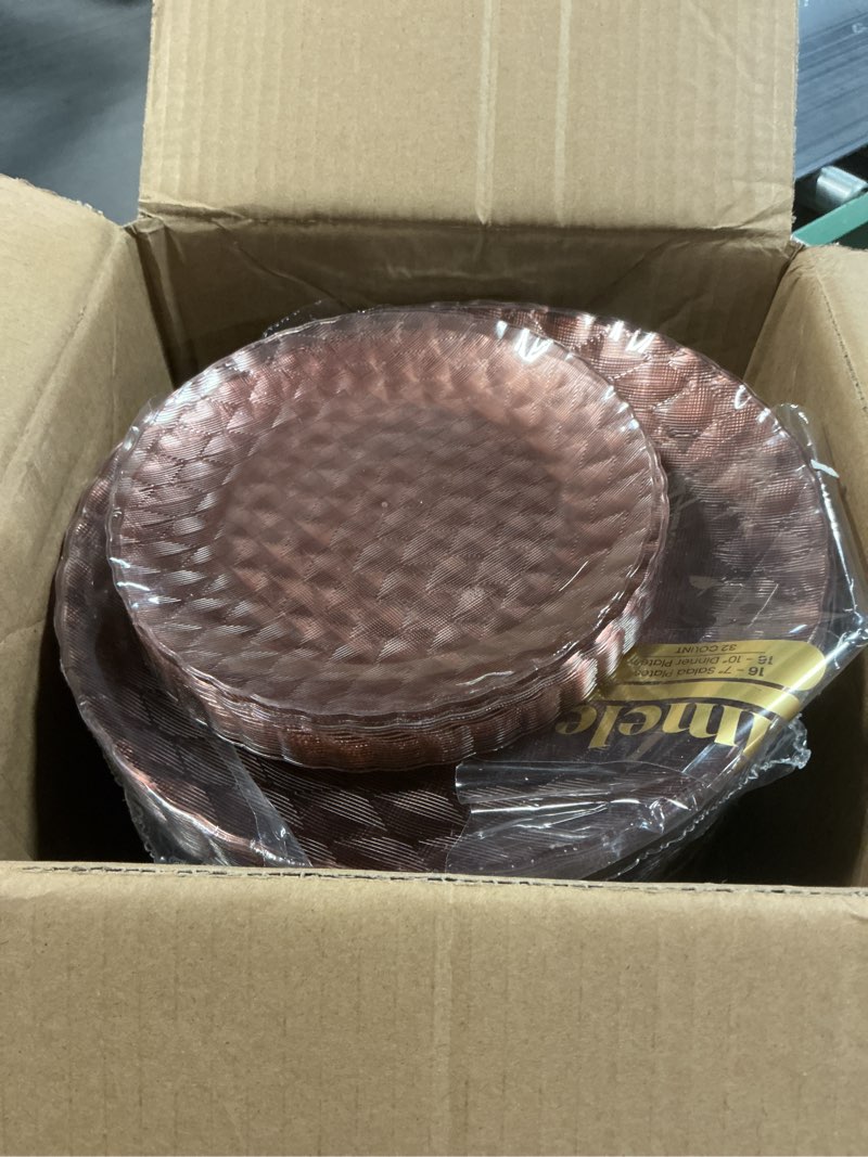 Condition photo showing As Is for Hioasis 60pcs Burgundy Plastic Plates - Gold Rimmed Disposable, Hammered, Heavy-duty Dinnerware Set Suitable for 30 Guests, 10.25" Dinner & 7.5" Dessert Plates for Party & Wedding Red and Gold