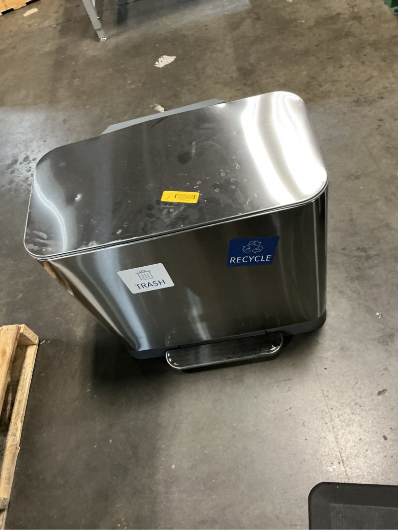 Condition photo showing As Is for allen + roth dual compartment 60 liter brushed silver steel indoor kitchen step trash can