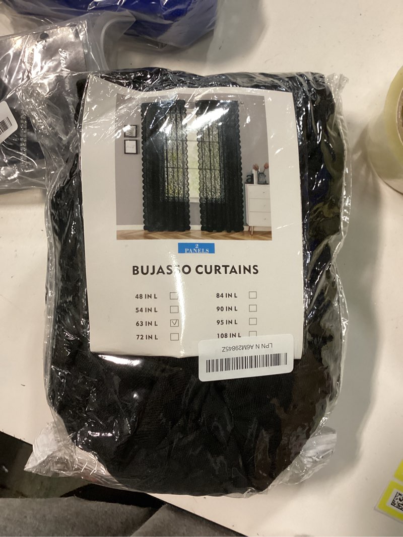 Condition photo showing As Is for Bujasso Black Sheer Lace Curtains 63 inch Luxury Vintage Floral Sheer Window Curtain Panels for Living Room Bedroom Light Filtering Gothic Halloween Black Drapes Rod Pocket 54" Wx63 Lx2 54"W x 63"L (Pack of 2) Rod Pocket Black