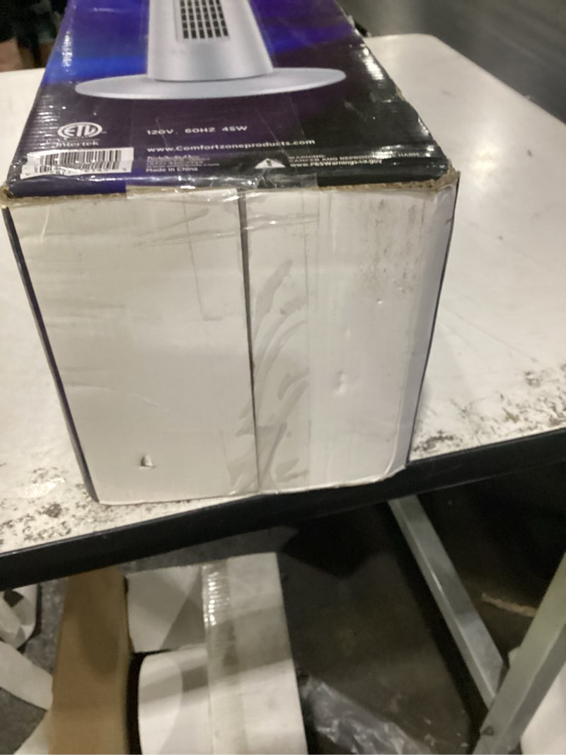 Condition photo showing As Is for comfort zone 32  in. tower fan  3 speeds  quiet  oscillating  portable  white