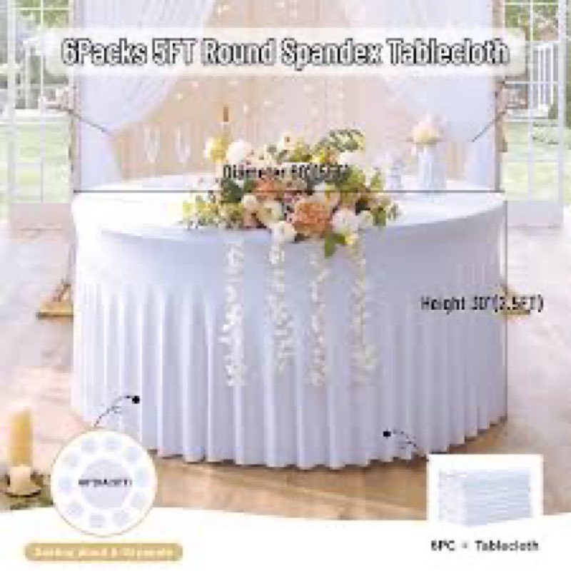 Enjoyidea Fitted Round Table Covers 5ft-Spandex Elastic Table Cloths 6 Pack 60 Inch-White Small Stre