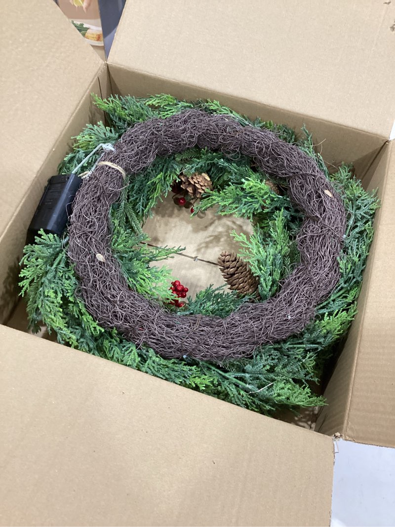 Condition photo showing Good Condition for GarveeHome 22 in Christmas Wreath for Front Door, Artificial Christmas Wreath with Pine Cone and Berries, Natural Cypress Christmas Wreath, Christmas Decorations for Home Holiday Party