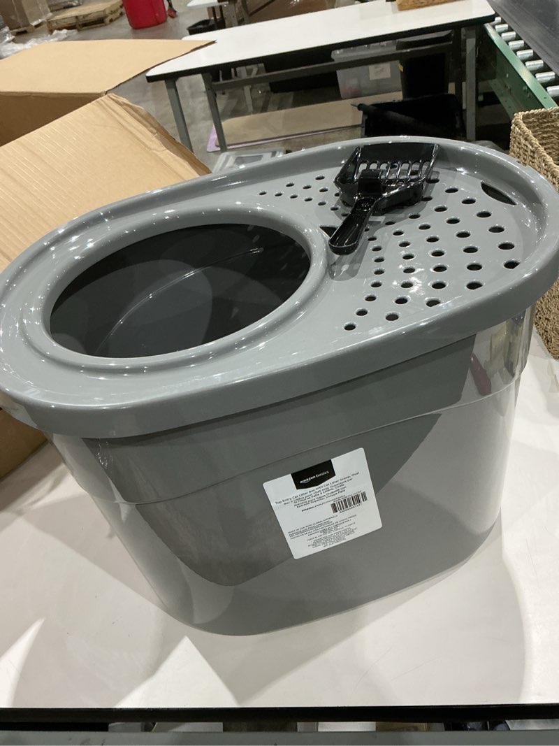 Condition photo showing Good Condition for amazon basics large cat litter box with high sides, top entry, includes scoop, 20.5 x 14.75 x 14.38 inches, grey