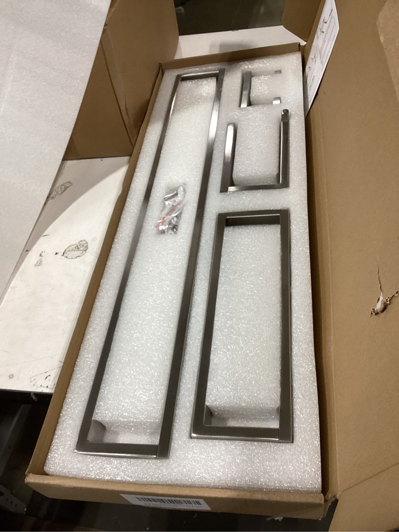 Condition photo showing Good Condition for tnoms brushed bathroom hardware accessories set 4 pieces brushed nickel towel bar set, 23.6 inch towel rack set sus304 stainless steel bathroom set,wall mounted brushed nickel b