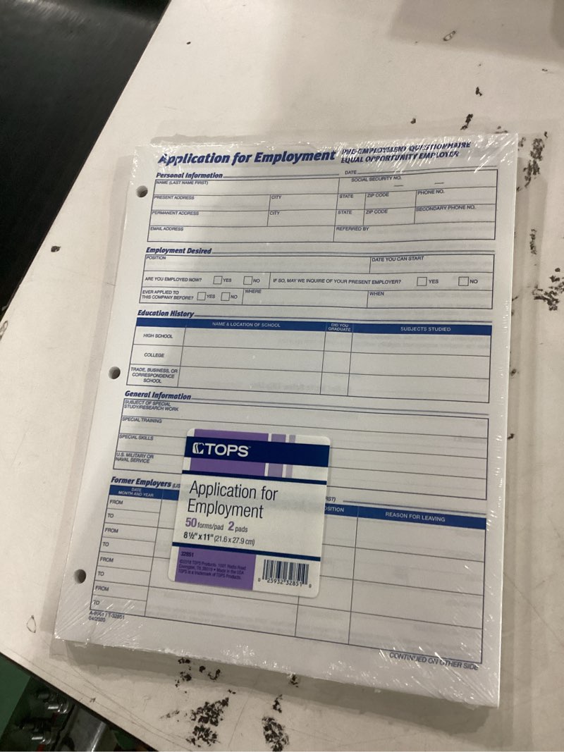 Condition photo showing New/Like New for tops 32851 employee application form, 8-3/8 x 11, 50 forms/pad, 2 pads/pack