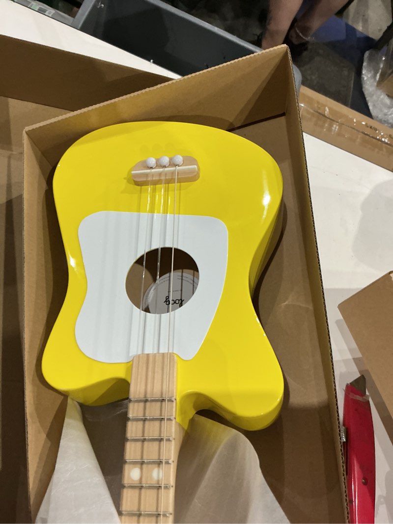 Condition photo showing As Is for loog mini acoustic kids guitar for beginners 3-strings ages 3+ learning app and lessons included yellow