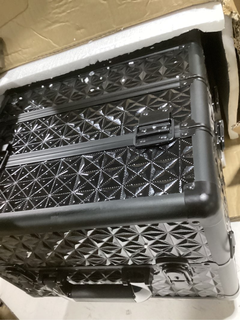 Condition photo showing Good Condition for makeup train case with drawer, rolling makeup case, cosmetology case on wheels, gift, large makeup case organizers, professional for salon barber, nail, tattoo, black gold