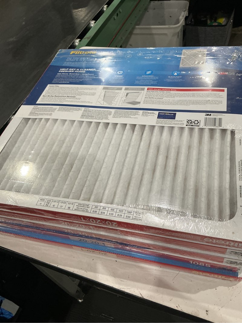 Condition photo showing As Is for filtrete 20-in w x 20-in l x 1-in merv 11 1085 mpr allergen defense extra electrostatic pleated air filter