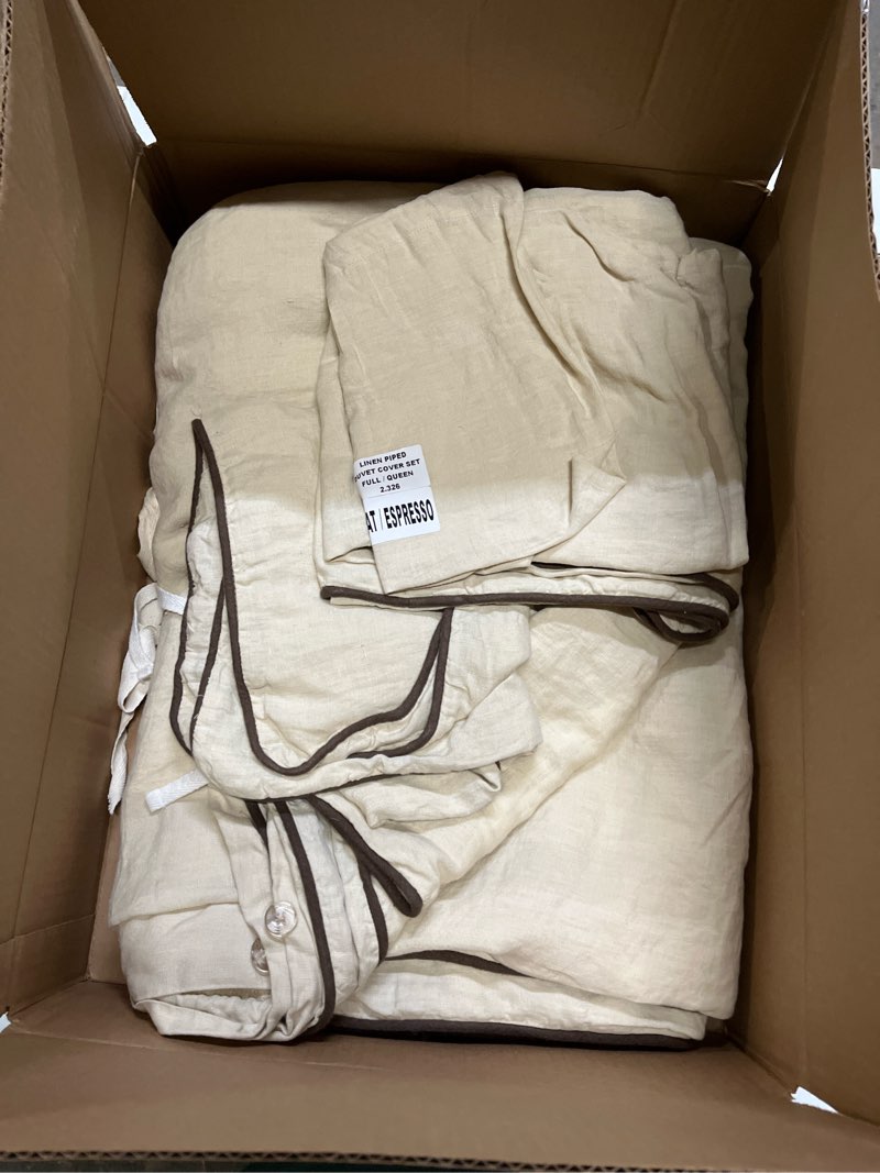Condition photo showing As Is for european linen piped duvet cover set, full/queen, oat/espresso