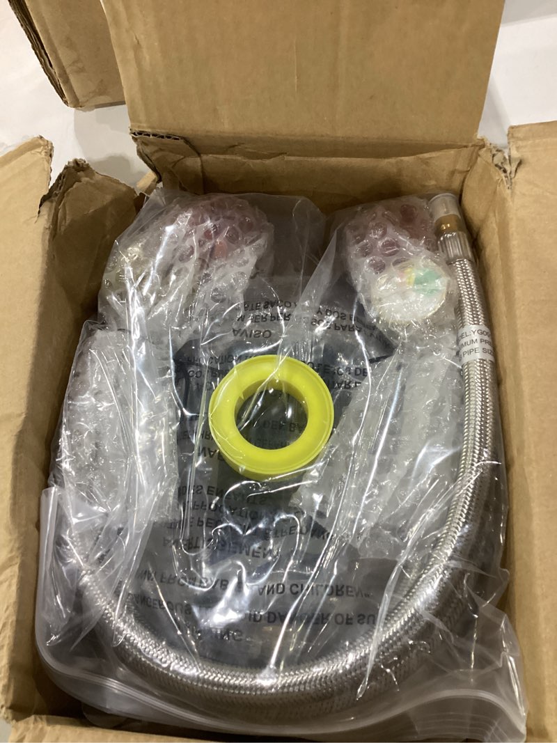 Condition photo showing As Is for 2 stage auto changeover lp propane gas regulator with 2 pcs 18"rv pigtail propane hose with gauge and 4ft stainless braided regulator hose assemblies dual propane tank regulator for rvs,trailers,campe regulator with 18-in pigtails+4ft hose assemblies