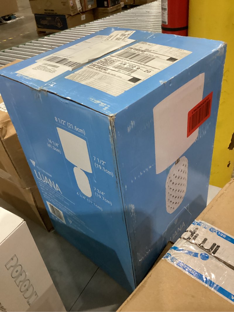 Condition photo showing New/Like New for Jessica Table Lamp - 1-Light, 60W Type A, 8.5" Wide x 16.25" High, Gold and White Finish, White Fabric Shade, ON/Off Switch, Elegant for Living Rooms, Bedrooms