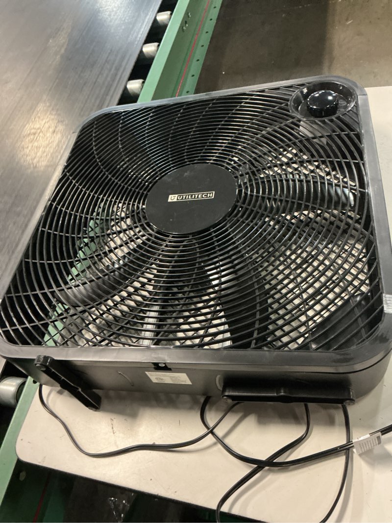 Condition photo showing As Is for utilitech 20-in high velocity indoor box fan, in black
