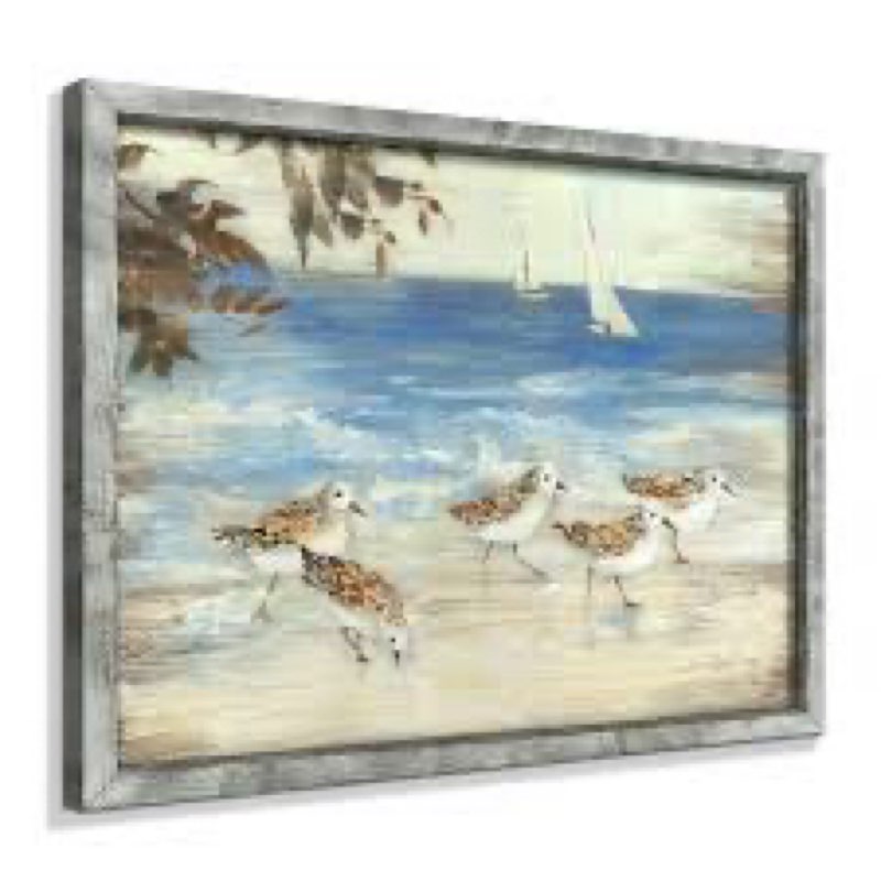 Beach Framed Wooden Wall Art: Abstract Coastal Oil Painting Style Sea Bird Pictures Seascape Prints 