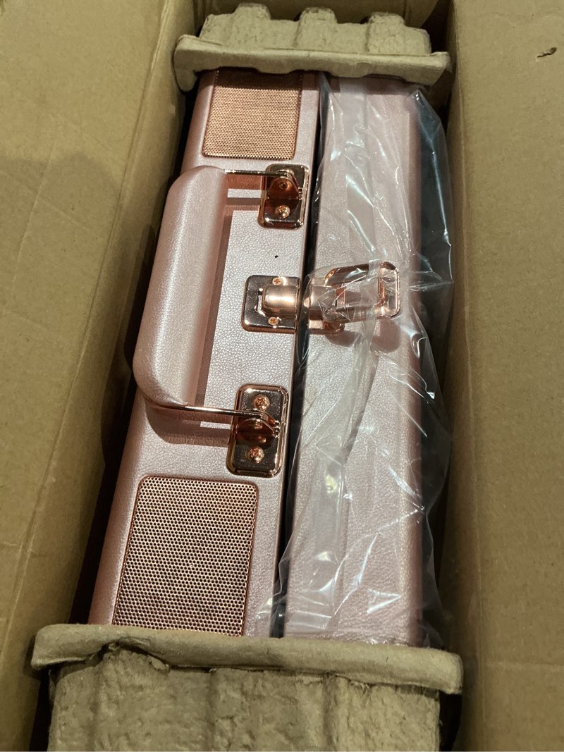 Condition photo showing As Is for vinyl record player 3-speed portable suitcase record player with built-in speakers, headphone jack, rca-out/aux-in, vintage belt-driven turntable, pink & rose gold