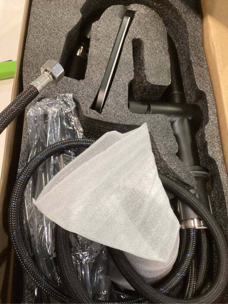 Condition photo showing Good Condition for kenes pull down bathroom faucet with sprayer, matte black single handle bathroom sink faucet with pull out sprayer, vanity bar faucet with pop up drain & deck plate, ke-9065b-2 short matte black