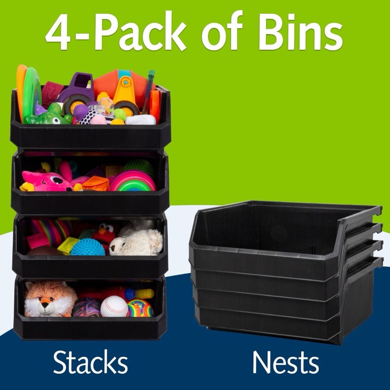 readyspace extra large plastic storage bins, stackable organizer, black, 4 pack