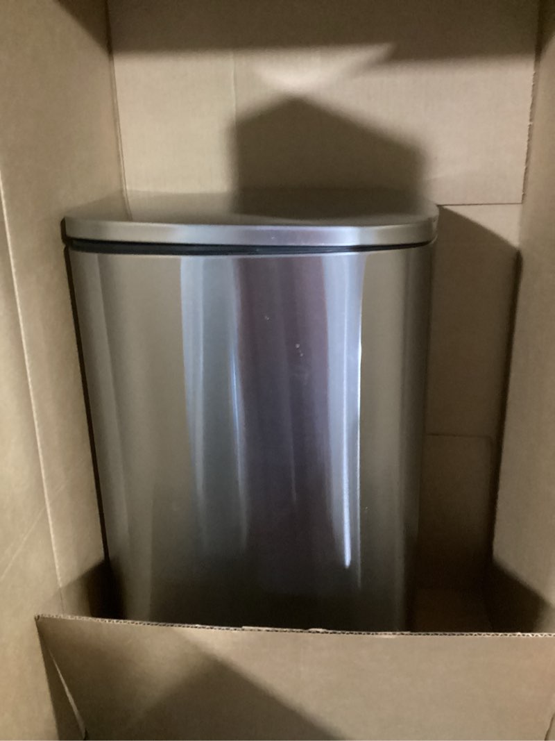 Condition photo showing Good Condition for Amazon Basics Smudge Resistant Rectangular Trash Can With Soft-Close Foot Pedal, Brushed Stainless Steel, 50L/13.2 Gal, 16.7x14.7x25.9 in, Satin Nickel Finish Satin Nickel Big, 50L/13.2 Gal