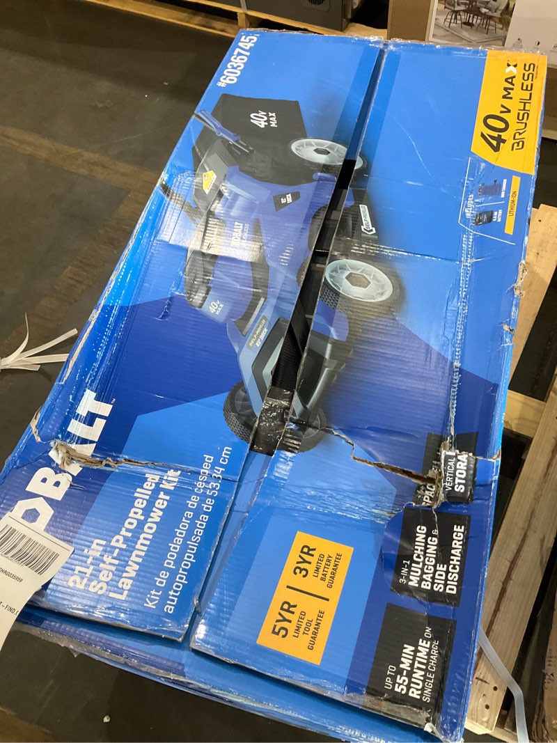 Condition photo showing As Is for kobalt 40-volt 21-inch self-propelled cordless lawn mower