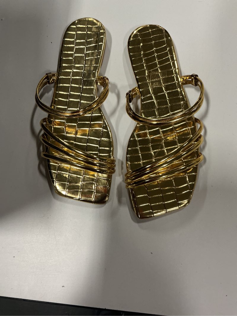 OYOANGLE Women's Square Open Toe Strappy Sandals Metallic Comfortable Ankle Strap Flat Sandal Slip on Slides