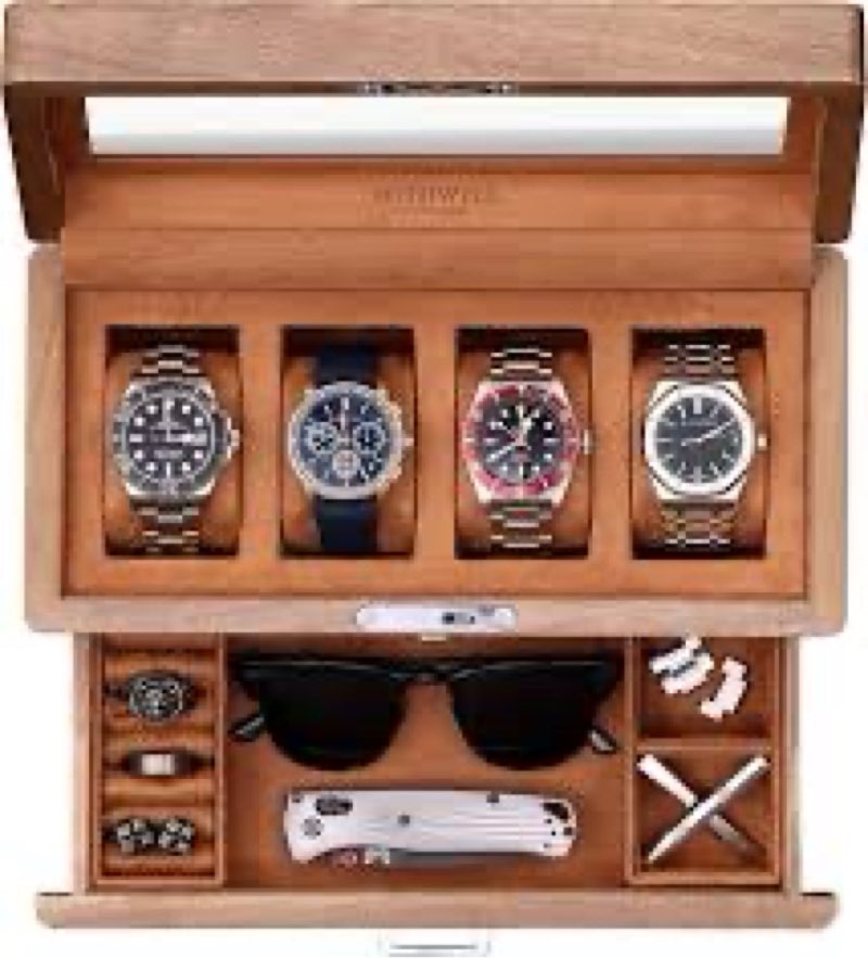 rothwell 4-slot solid walnut watch box with valet drawer - premium jewelry display case organizer wi