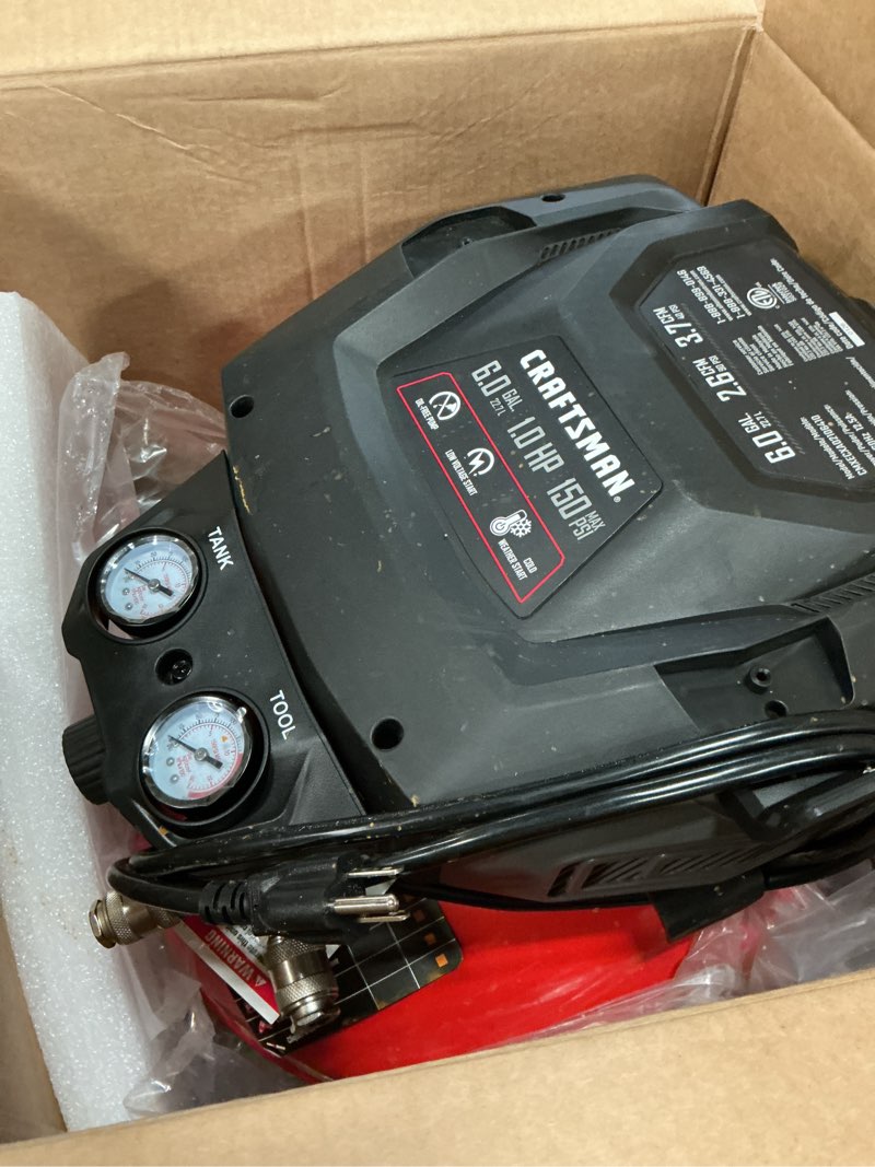 Condition photo showing As Is for craftsman 6-gallons portable electric 150 psi pancake air compressor