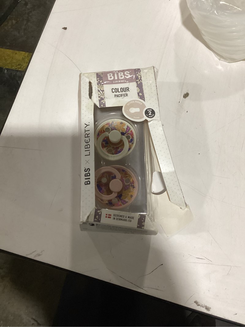 Condition photo showing New/Like New for bibs x liberty colour pacifier, 6-18 months, 2-pack, june blossom blush mix | round natural rubber nipple | size 2 | bpa-free | made in denmark | high nipple acceptance | airflow holes | comfort shield june blossom blush mix size 2 | 6+ month