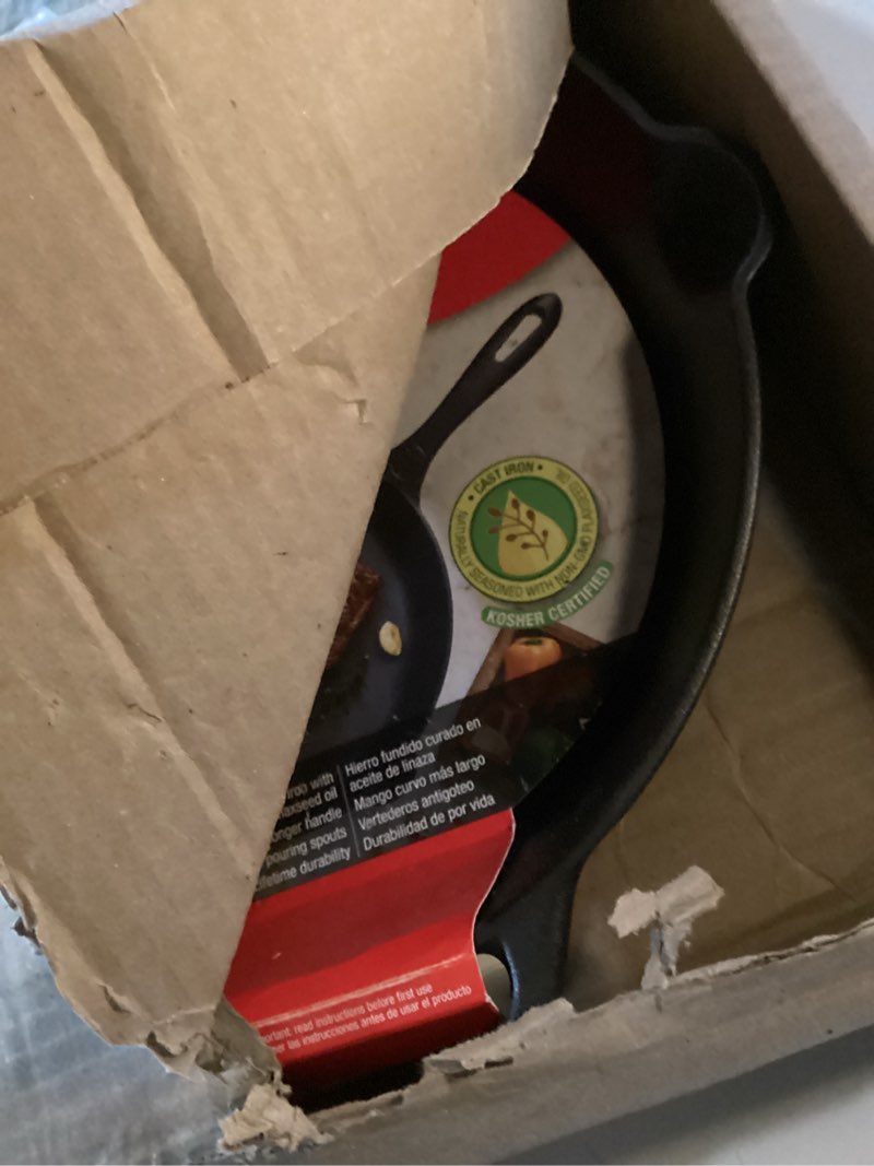 Condition photo showing New/Like New for Victoria Cast Iron Skillet, Pre-Seasoned Cast Iron Frying Pan with Silicone Handle Holder, Made in Colombia, 12 Inch
