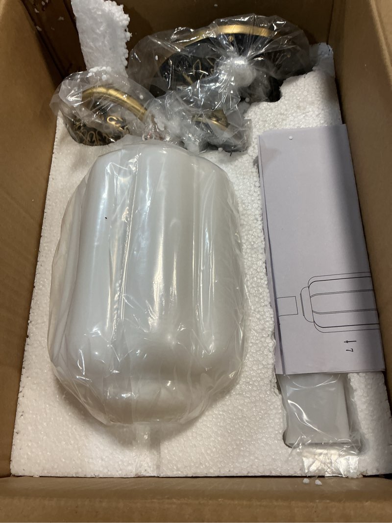 Condition photo showing New/Like New for Brass Glass Wall Sconce Vintage Milk Glass Wall Light for Bedroom & Antique Wall Light Fixture for Doorway Porch, Living Room and Hallway (5.5“ D x 9.6" H) White