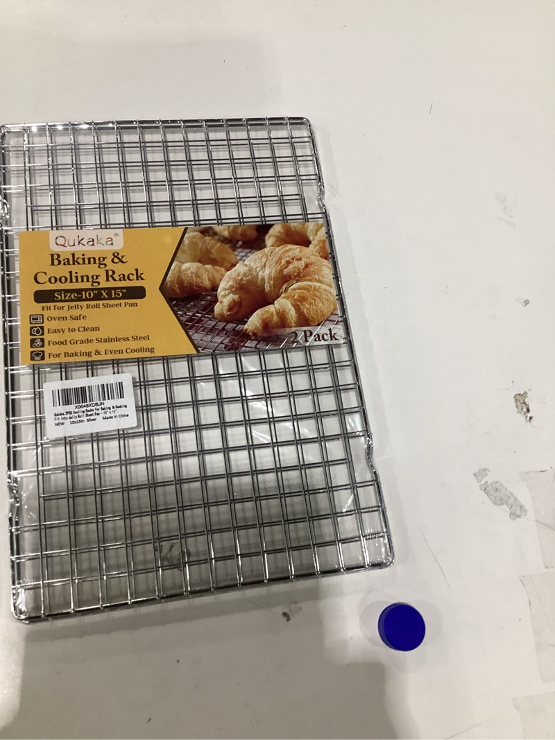 Condition photo showing New/Like New for 2pcs cooling racks for cooking and baking - 10" x 15"heavy duty stainless steel wire rack for baking, grilling, roasting - oven & dishwasher safe - fits jelly roll sheet pan-silver 10‘’x15‘’-2pc silver
