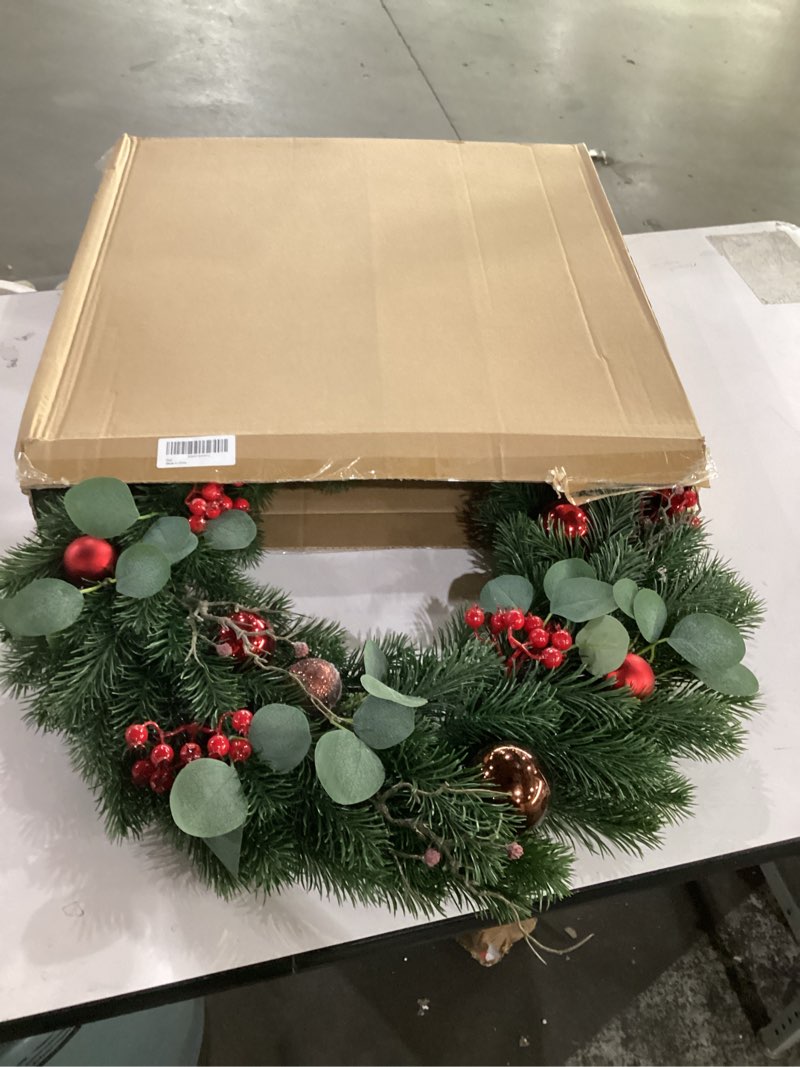 Condition photo showing As Is for christmas wreath for front door 24-inch, christmas door wreath with red berries, green pine branches, eucalyptus leaves and ornaments, winter wreath outdoor christmas decorations (red)