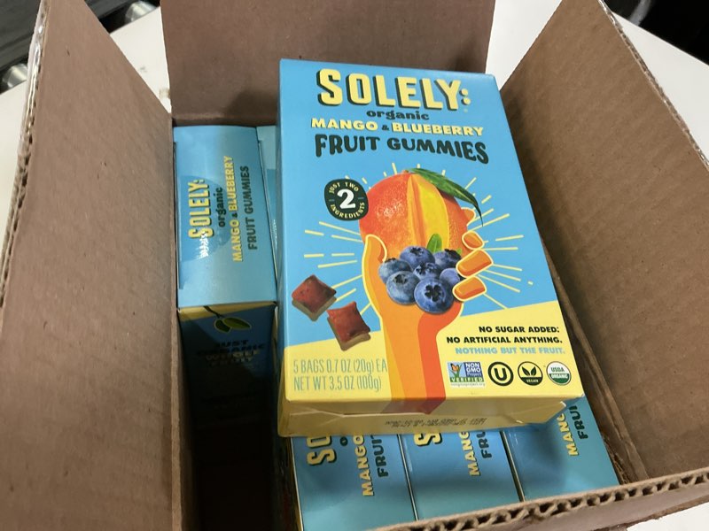 Condition photo showing Good Condition for solely - organic mango & blueberry whole fruit gummies (5 bags per box, 8 boxes) - real fresh fruit - healthy snacks for adults & kids - non-gmo, vegan snacks, shelf stable - 40 bags (3.5 oz) mango & blueberry 1 pack box