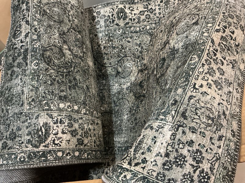 Condition photo showing As Is for loloi layla collection lay-06 taupe/stone 2'-0" x 5'-0" .13" thick accent rug, soft, durable, vintage inspired, distressed, low pile, non-shedding, easy clean, printed, living room rug 2' x 5' (rectangular) taupe / stone