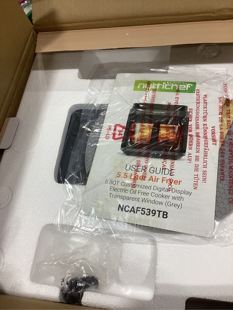 Condition photo showing New/Like New for Nutrichef 5.8 Quart Air Fryer | 8-1 Preset Cook Modes | Transparent Fry Bowl for Best Cooking Results | Cook Shrimp, Steak, Fries, Wings, Chicken & More | Precise Temperature Control & Time | Grey