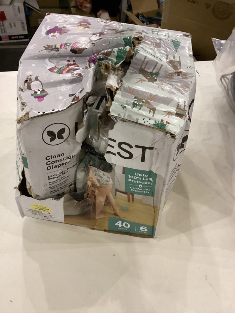 Condition photo showing As Is for The Honest Company Clean Conscious Diapers for Delicate Skin | Up to 100% Leakproof | Hypoallergenic, Fragrance Free | Winter '25 Limited Edition Prints | Club Box, Size 6 (35+ lbs), 40 Count Size 6 (40 Count) Adorably A-moosing + Winterwear Wags